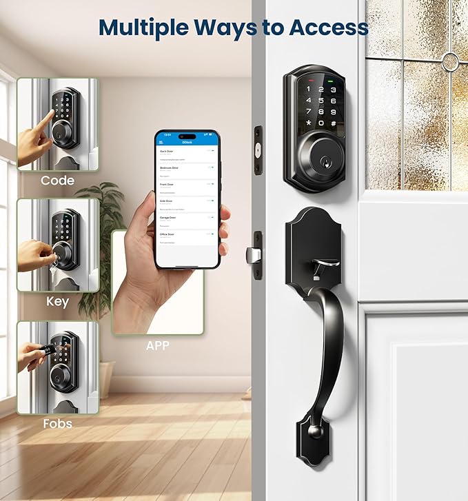 Veise VE06-H Smart Front Door Lock Set, App Control, Keyless Entry Deadbolt with Lever Handle, Electronic Digital Touchscreen Keypad, Auto Lock, Easy Install, Matte Black