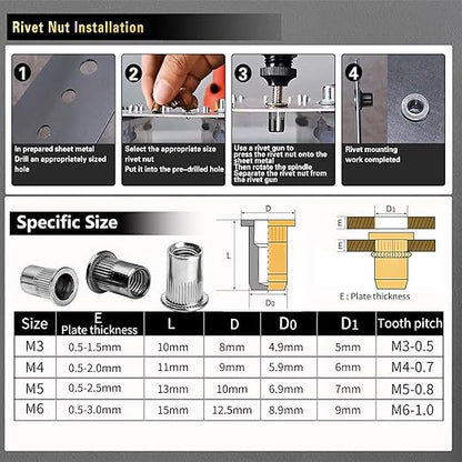 Stainless Steel Rivet Nut Tool Kit 750 Pcs 304 Stainless Steel Rivet Nut Combination, Suitable for Furniture, Decoration, Automotive, Marine and Industrial Applications
