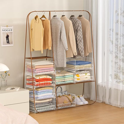 4-Tier Sliding Closet Organizers and Storage Shelves, Stackable Closet Shelf Organizer Basket Bins, Drawer Shelf Storage Container for Wardrobe Cupboard Kitchen Bathroom Office, White