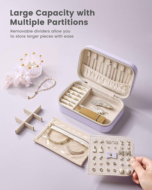 Lolalet Travel Jewelry Case for Women Girls, Travel Jewelry Organizer with Clear Storage Bag Small Portable Jewelry Box for Necklace Bracelet Earring Ring Birthday Bridesmaid Gifts -Medium/Purple