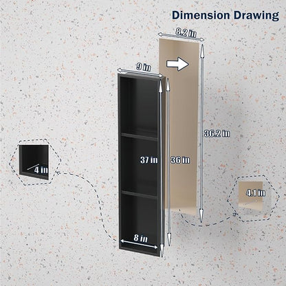 Tall Niche Three-Tiered Shelves Embedded in The Wall，Shower Niche No Tile Needed for Bathroom Niche Decor ，Stainless Steel（Black 8"x 36"）