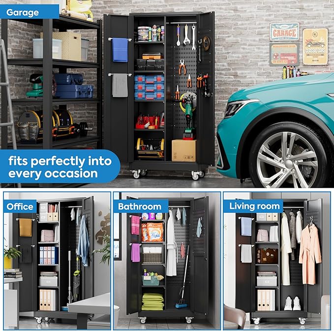 Broom Closet Storage Cabinet with Wheels, 5 Pegboard and 13 Hooks, Metal Garage Storage Cabinet with Doors and 4 Adjustable Shelves for Garage Home Bathroom, 17.7" D x 33.5" W x 70.87" H, Black