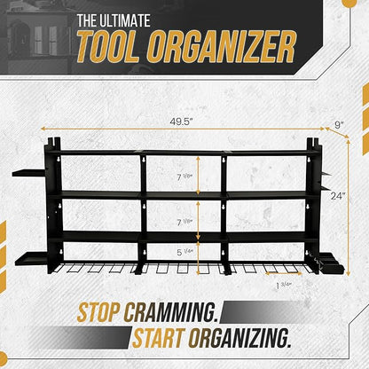 Power Tool Organizer Wall Mount, With Attachable Shelves - Large Garage Storage System, Heavy Duty 4-Tier Rack Holds 12 Drills – Screw Holder Accessories, Utility Shelf for Workshop Organization