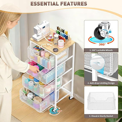 Rolling Cart with Drawers, 4-Tier Utility Cart Storage Organizer with Lockable Wheels, Metal Craft Storage Cart with Wooden Top for Kitchen, Bathroom, School, Studio, Office, Bedroom, White