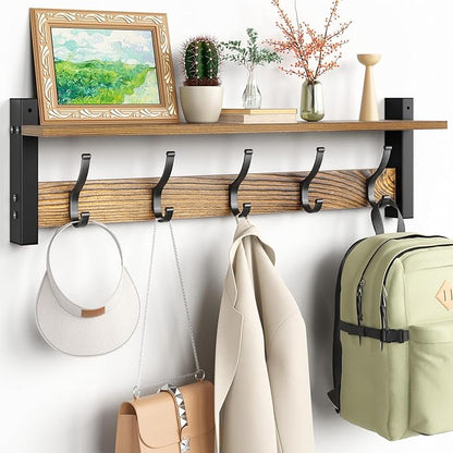 Coat Rack Wall Mount with Shelf, 24 Inch Coat Hanger Walls Mounted, Hat Rack for Walls, Shelf with 5 Coat Hooks, Wall Hanger for Entryway (Brown)