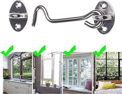 Kare & Kind Hook and Eye Latch (4-inch) - with Mounting Screws - Heavy Duty Locks for Door, Gates, Barns, Bathrooms, Cabins (1-Silver)