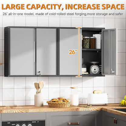 Garage Wall Cabinet, Metal Wall Cabinets with 2 Doors, Wall Cabinet with Lock, 26'' Gray Wall Mounted Floating Tool Cabinets for Home Office, Warehouse, Kitchen, Bathroom, Utility Room