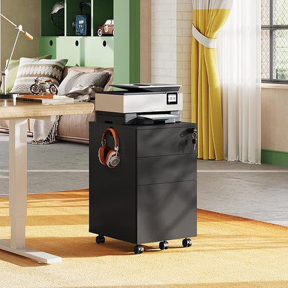 DEVAISE File Cabinet 3-Drawer, Small Office Furniture with Lock, Rolling Under Desk Filing Cabinet for Home Office,Black