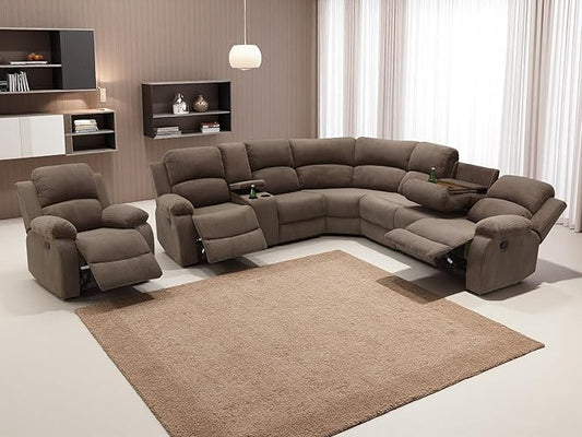 Recliner Sectional Sofa Set with Cup Holder, Brown Corduroy Reclining Sectional Corner Sofa Set and Reclining Chair with 3 Recliner Seats, Drop-Down Table and Storage Console for Living Room