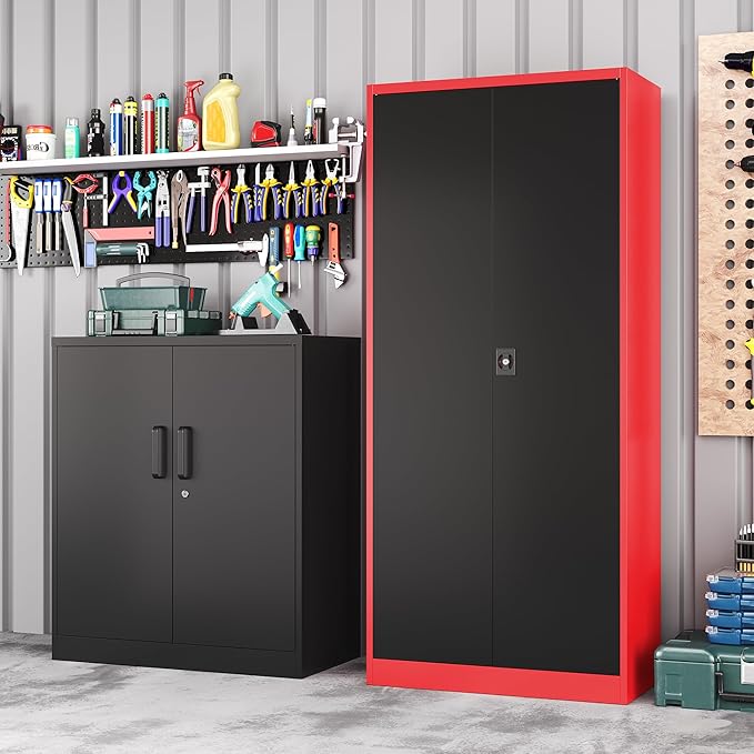 Metal Garage Cabinet,71" Lockable Storage Cabinet with 2 Doors and 5 Adjustable Shelves,Tall Steel Cabinets for Garage,Home Office,Basement,School,Hospital(Black & Red)