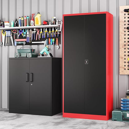 Metal Garage Cabinet,71" Lockable Storage Cabinet with 2 Doors and 5 Adjustable Shelves,Tall Steel Cabinets for Garage,Home Office,Basement,School,Hospital(Black & Red)