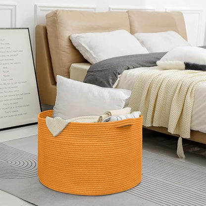Extra Large Orange Basket, 22" X 22" X 14" Woven Cotton Rope Bins for Blankets, Baby Nursery Wicker Laundry Towel Basket, Kids Dog Toy Storage Box, Big Orange Living Room Decor Organizer