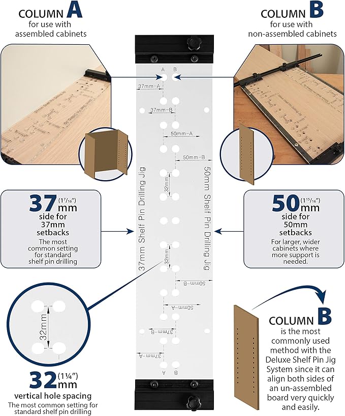 Deluxe Dual Sided Shelf Pin Jig With 1/4" And 5mm Self Centering Drill Bits, Adjustable Shelf Jig for Easy Alignment On Both Sides, Easy Setup Shelving Templates