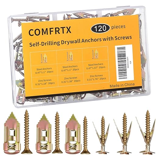 3 Sizes Self Drilling Drywall Anchors with Screws Kit – 120PCS Heavy Duty Metal Expansion Bolts, Sheetrock Anchors & Drywall Grip Anchors and Screws for Shelf, Mirror, Cabinet, Picture Frames