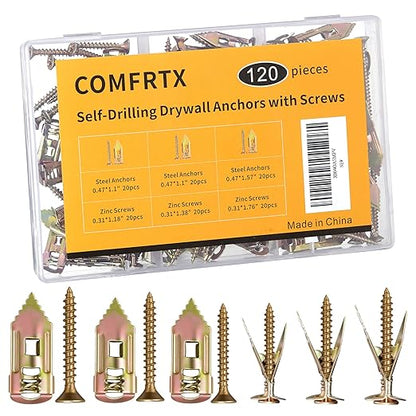 3 Sizes Self Drilling Drywall Anchors with Screws Kit – 120PCS Heavy Duty Metal Expansion Bolts, Sheetrock Anchors & Drywall Grip Anchors and Screws for Shelf, Mirror, Cabinet, Picture Frames