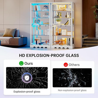 Glass Display Cabinet with RGB Light, 5-Tier Curio Cabinet for Collectibles, Display Case with Removable Shelves, Human Sensor Design, White