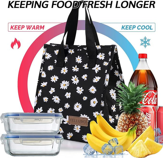 TELLUMO Lunch bag, Insulated Lunch Bag for Women Men Large Lunch Box Container Reusable Leakproof Tote for Office, Work, School, Beach or Travel (Black Daisy)