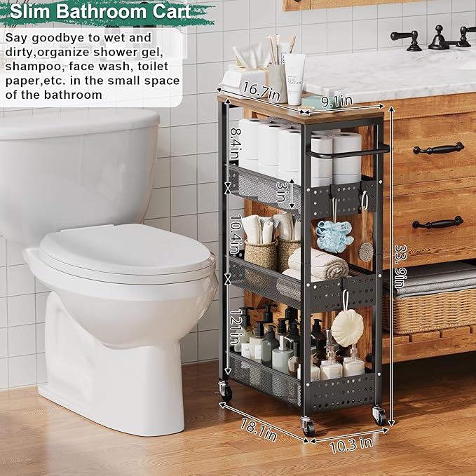 Utility Slim Storage Cart, 4-Tier Narrow Bathroom Organizer and Storage Cart, Metal Narrow Kitchen Laundry Room Organization Rack with Wood Top, Slim Rolling Shelf with Wheels for Small Space