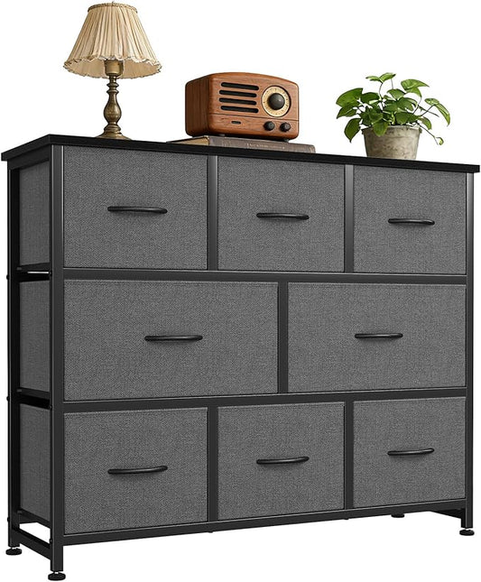 DUMOS TV Stand, Dresser with 8 Fabric Drawers, Spacious Storage Tower for Closet, TV Stand with Wood Top and Mental Frame, Storage Unit for Living Rooms, Bedroom and Entryway, Grey