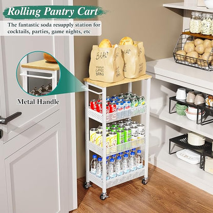 Utility Slim Storage Cart, 4-Tier Narrow Bathroom Organizers and Storage Cart, Narrow Metal Kitchen Laundry Room Organization Shelf with Wood Top, Slim Rolling Carts with Wheels for Small Space