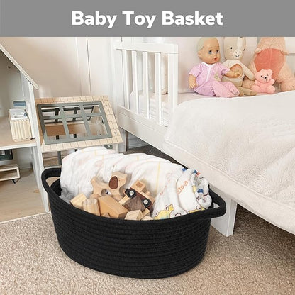 Goodpick Small Woven Basket, Baskets for Gifts Empty, Baby Basket with Handles, Black Baskets for Organizing, Dog Toy Basket, Rope Baskets for Storage, 12" x 8" x 5"