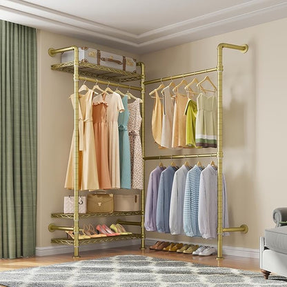 Timate L2 Wall Mounted Clothes Rack Industrial Pipe Clothing Rack for Hanging Clothes, Adjustable Expandable Garment Rack Heavy Duty Closet Organizer, Gold Mounted Closets Industrial Closet System