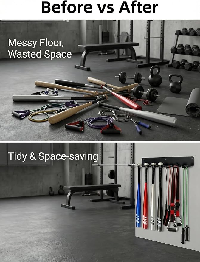 3MM Thickened Steel Wall Mount Baseball Bat Rack, Home Gym Storage Rack, 9 Prong Heavy-Duty Gym Equipment Storage Rack, Softball Bat Holder, Hanging Bat Rack Wall, Barbell Rack, Weight Room Organizer