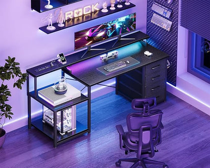 ODK 55 Inch Computer Desk with 4 Drawers, Office Desk with Power Outlets, Printer Shelf & Storage Shelves, Large Writing Study Table for Home, Bedroom, Study or Gaming Setup, Black