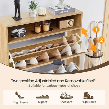 Fluted Shoe Cabinet with 2 Flip Drawers, Narrow Shoes Storage Organizer Rack with Circle Design Panel for Entryway Hallway (Natural)