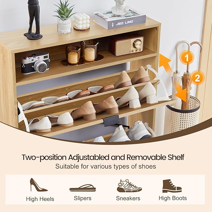 Fluted Shoe Cabinet with 2 Flip Drawers, Slim Freestanding Hidden Shoe Cabinet Organizer, Narrow Shoes Storage Rack for Entryway (All Natural-2 Drawers, 9.45" D x 31.5" W x 41.93" H)