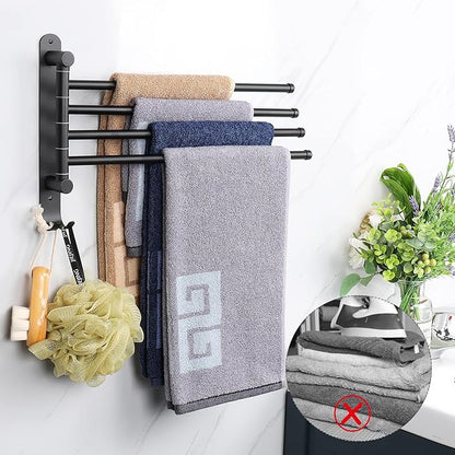 NearMoon Swivel Towel Rack, 13.8" Thicken 304 Stainless Steel 4-Arm Towel Bar, Space Saving Wall Mounted Towel Holder with Hook, Rustproof Swing Out Towel Hanger for Bathroom, Kitchen (Matte Black)