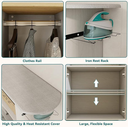Multipurpose Rolling Ironing Board with Storage Cabinet, Wooden Ironing Cabinet with Wheels, Ironing Table with Heat-Resistant Sponge