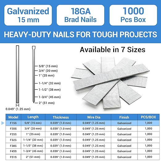 meite 18 Gauge Brad Nails, 5/8 Inch 18GA Brad Nails Galvanized Small Finishing Nail Gun Nails for Pneumatic, Electric Brad Nailer Gun (1,000 Counts)