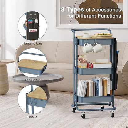 DTK 3 Tier Metal Utility Rolling Cart with Table Top and Side Bags, Metal Tray Storage Organizer Cart with Wheels, Art Craft Cart with 4 Hooks for Kitchen Bathroom Office Living Room (Blue)