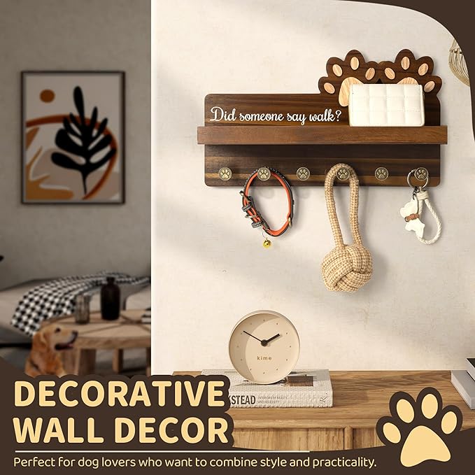 Rebee Vision Dog Leash Holder for Wall with Shelf – Wooden Key Holder Wall Mount with 6 Hooks & Floating Shelf – Cute Farmhouse Home Decor for Entryway, Living Room, Kitchen Decor(Dark Acacia)