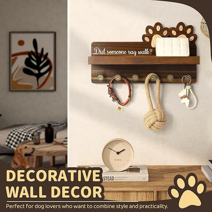Rebee Vision Dog Leash Holder for Wall with Shelf – Wooden Key Holder Wall Mount with 6 Hooks & Floating Shelf – Cute Farmhouse Home Decor for Entryway, Living Room, Kitchen Decor(Dark Acacia)