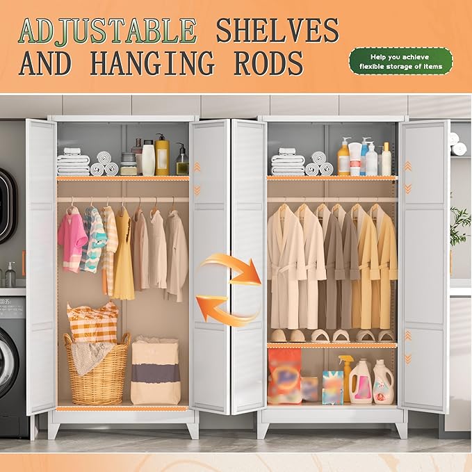 Bonusall 71" Metal Wardrobe,Steel Wardrobe Closet with Hanging Rod & Adjustable Shelves,Metal Storage Cabinet with 2 Doors, Decorative Metal Closet with Handles for Bedroom,Home Office Entryway
