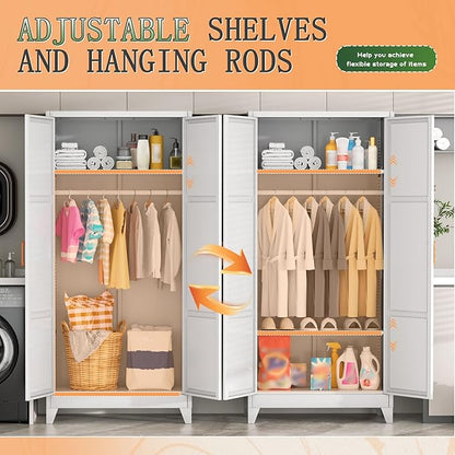 Bonusall 71" Metal Wardrobe,Steel Wardrobe Closet with Hanging Rod & Adjustable Shelves,Metal Storage Cabinet with 2 Doors, Decorative Metal Closet with Handles for Bedroom,Home Office Entryway