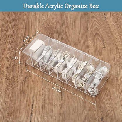 See-Through Cable Organizer Box Wire Management Case Data Cord Organizer Storage,8 Compartment Storage Boxes with 10 Wire Ties,Plastic Clear Lids Terminal Case Small Lipstick Cosmetic Storage Box
