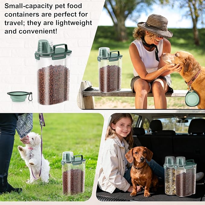 3-5Lbs/3Qt Dog Cat Food Storage Container With Foldable Bowl. Plastic Pet Food Dispenser for Small Animal Kibble/Pet Food/Bird Seed/Oatmeal/Rice/Flour/Brown Sugart/Cereals (Dark Green)
