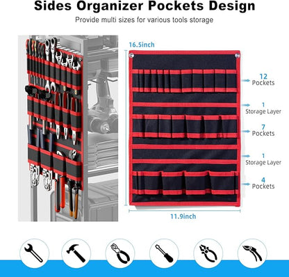 JUNNUJ Large Power Tool Organizer Cart with Charging Station, Garage Floor Standing Rolling Drill and Tools Battery Storage Cart on Wheels, Heavy Duty Utility Rack with 8 Outlet 10 FT Power Strip, Red