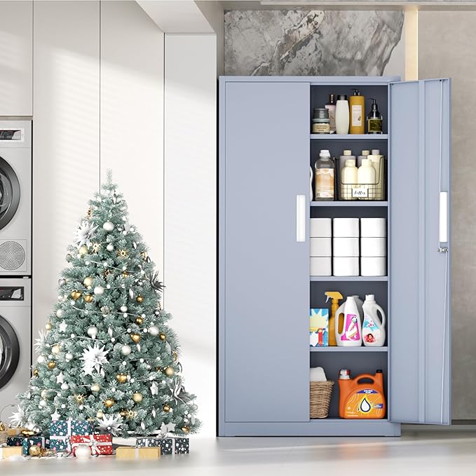 INTERGRAET 63" Pantry Cabinet, Kitchen Pantry Storage Cabinets with 2 Doors and 4 Shelves,Cement Gray Metal Storage Cabinet,Cupboard for Home,Kitchen,Living Room/Dining