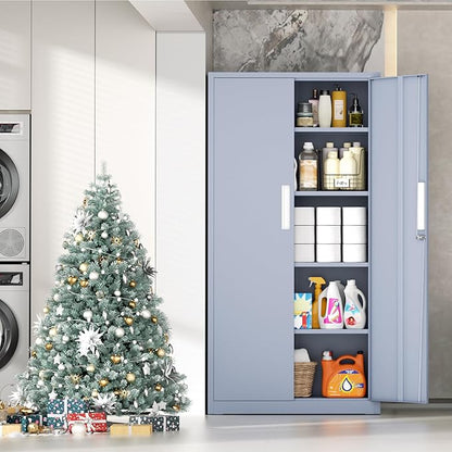 INTERGRAET 63" Pantry Cabinet, Kitchen Pantry Storage Cabinets with 2 Doors and 4 Shelves,Cement Gray Metal Storage Cabinet,Cupboard for Home,Kitchen,Living Room/Dining