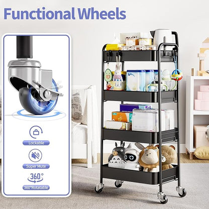 TOOLF 4-Tier Metal Rolling Cart with Wheels, Storage Utility Organizer Cart for Kitchen, Bathroom, Office, Baby Essentials & Makeup - Lockable Casters, Easy Assembly, Large Capacity, Black