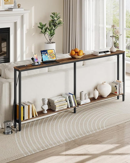 78.7" Narrow Console Table with Charging Station, Behind Couch Table with 2 AC Outlets, 1 USB and 1 Type-C Port for Hallway, Living Room, Foyer, Rustic Brown and Black TXG02UBF