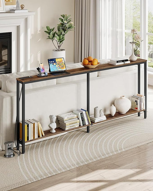 78.7" Narrow Console Table with Charging Station, Behind Couch Table with 2 AC Outlets, 1 USB and 1 Type-C Port for Hallway, Living Room, Foyer, Rustic Brown and Black TXG02UBF