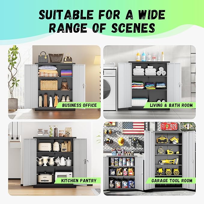 Bonusall Metal Garage Storage Cabinet, 36" H Locking Cabinets with2 Adjustable Shelves,2 Door Small Pantry Storage for Home Office, Kitchen, Bathroom(Black Grey)