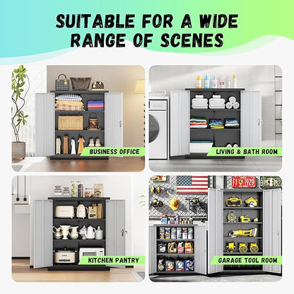 Bonusall Metal Garage Storage Cabinet, 36" H Locking Cabinets with2 Adjustable Shelves,2 Door Small Pantry Storage for Home Office, Kitchen, Bathroom(Black Grey)