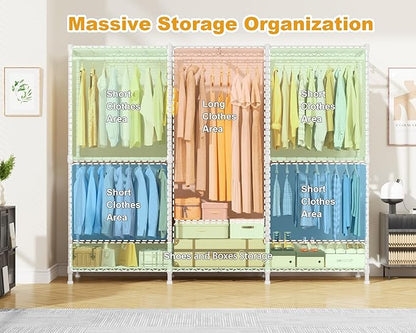 E14C Pro Heavy Duty Closet Organizer System，Freestanding Clothing Racks for Hanging Clothes，Adjustable Garment Rack 70.1"W × 16.6"D × 76.4"H Hold 960 lbs，White Rack with White Dustproof Cover