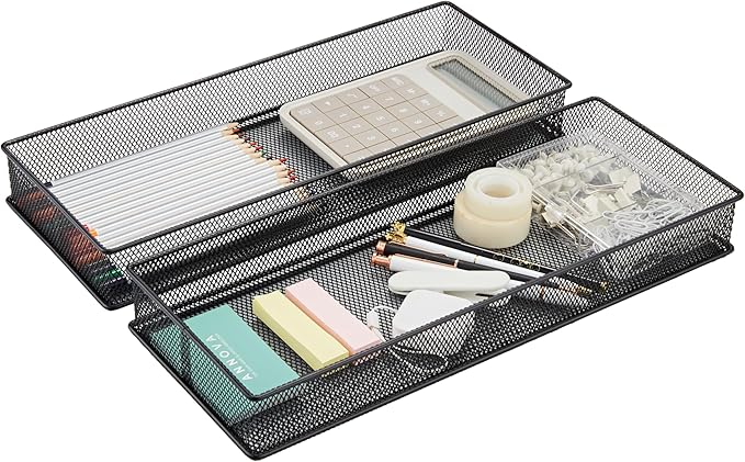 Annova Mesh Stackable Drawer Cabinet and Shelf Organizer Bins Storage Basket School Office Supply Holder Tray- Set of 2 (Black, 6x15x2 Inch)